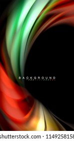 Fluid colors abstract background, twisted liquid design on black, colorful marble or plastic wave texture backdrop, multicolored template for business or technology presentation or web brochure cover