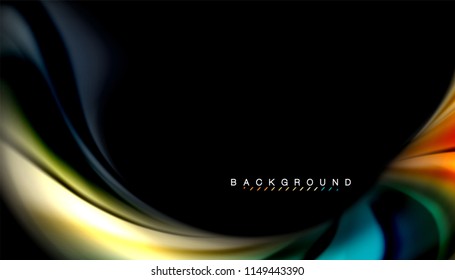 Fluid colors abstract background, twisted liquid design on black, colorful marble or plastic wave texture backdrop, multicolored template for business or technology presentation or web brochure cover