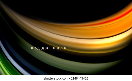 Fluid colors abstract background, twisted liquid design on black, colorful marble or plastic wave texture backdrop, multicolored template for business or technology presentation or web brochure cover
