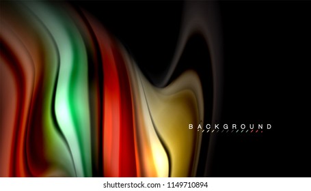 Fluid colors abstract background, twisted liquid design on black, colorful marble or plastic wave texture backdrop, multicolored template for business or technology presentation or web brochure cover