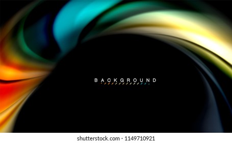 Colores fluidos fondo abstracto, diseño líquido retorcido sobre fondo negro, mármol colorido o textura de ondas plásticas, plantilla multicolor para presentación de negocios o tecnología o portada de folletos web