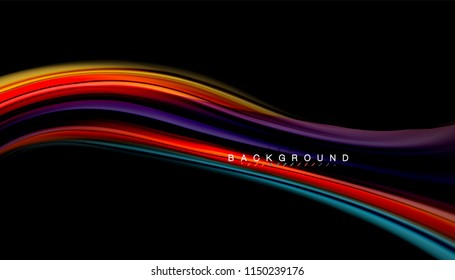 Abstrakter Hintergrund in flüssigen Farben, verdrehtes flüssiges Design auf schwarzem, bunter Marmor- oder Kunststoffwellenhintergrund, mehrfarbige Vorlage für Geschäfts- oder Technologiepräsentation oder Webbroschürendeckel