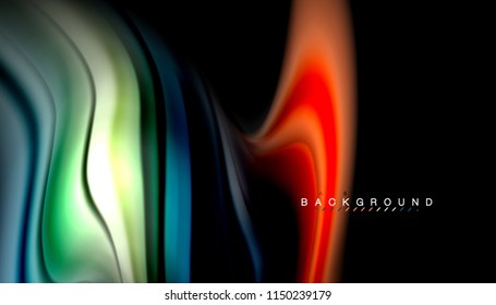 Fluid colors abstract background, twisted liquid design on black, colorful marble or plastic wave texture backdrop, multicolored template for business or technology presentation or web brochure cover