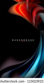 Fluid colors abstract background, twisted liquid design on black, colorful marble or plastic wave texture backdrop, multicolored template for business or technology presentation or web brochure cover