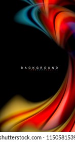 Fluid colors abstract background, twisted liquid design on black, colorful marble or plastic wave texture backdrop, multicolored template for business or technology presentation or web brochure cover