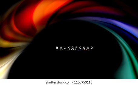 Abstrakter Hintergrund in flüssigen Farben, verdrehtes flüssiges Design auf schwarzem, bunter Marmor- oder Kunststoffwellenhintergrund, mehrfarbige Vorlage für Geschäfts- oder Technologiepräsentation oder Webbroschürendeckel