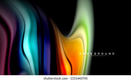 Fluid colors abstract background, twisted liquid design on black, colorful marble or plastic wave texture backdrop, multicolored template for business or technology presentation or web brochure cover