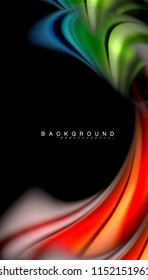 Fluid colors abstract background, twisted liquid design on black, colorful marble or plastic wave texture backdrop, multicolored template for business or technology presentation or web brochure cover
