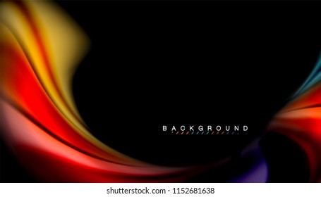 Abstrakter Hintergrund in flüssigen Farben, verdrehtes flüssiges Design auf schwarzem, bunter Marmor- oder Kunststoffwellenhintergrund, mehrfarbige Vorlage für Geschäfts- oder Technologiepräsentation oder Webbroschürendeckel