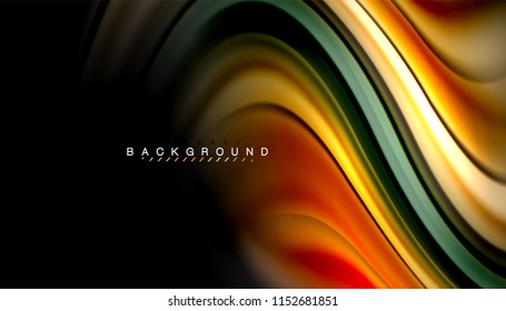 Abstrakter Hintergrund in flüssigen Farben, verdrehtes flüssiges Design auf schwarzem, bunter Marmor- oder Kunststoffwellenhintergrund, mehrfarbige Vorlage für Geschäfts- oder Technologiepräsentation oder Webbroschürendeckel