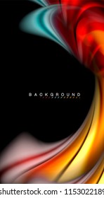 Fluid colors abstract background, twisted liquid design on black, colorful marble or plastic wave texture backdrop, multicolored template for business or technology presentation or web brochure cover
