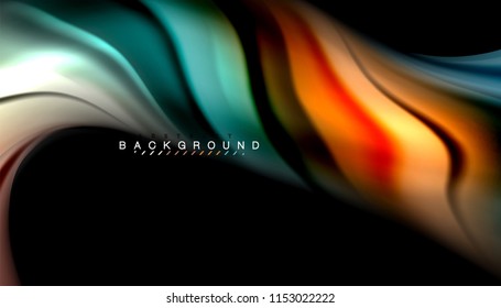 Fluid colors abstract background, twisted liquid design on black, colorful marble or plastic wave texture backdrop, multicolored template for business or technology presentation or web brochure cover