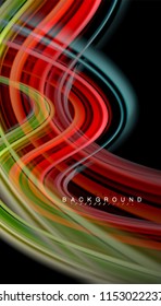 Abstrakter Hintergrund in flüssigen Farben, verdrehtes flüssiges Design auf schwarzem, bunter Marmor- oder Kunststoffwellenhintergrund, mehrfarbige Vorlage für Geschäfts- oder Technologiepräsentation oder Webbroschürendeckel