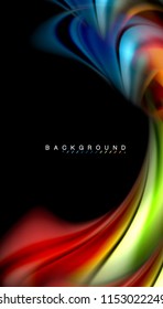Fluid colors abstract background, twisted liquid design on black, colorful marble or plastic wave texture backdrop, multicolored template for business or technology presentation or web brochure cover