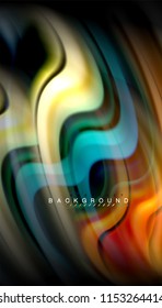 Abstrakter Hintergrund in flüssigen Farben, verdrehtes flüssiges Design auf schwarzem, bunter Marmor- oder Kunststoffwellenhintergrund, mehrfarbige Vorlage für Geschäfts- oder Technologiepräsentation oder Webbroschürendeckel