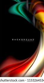 Fluid colors abstract background, twisted liquid design on black, colorful marble or plastic wave texture backdrop, multicolored template for business or technology presentation or web brochure cover