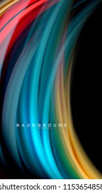 Fluid colors abstract background, twisted liquid design on black, colorful marble or plastic wave texture backdrop, multicolored template for business or technology presentation or web brochure cover