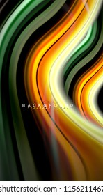 Abstrakter Hintergrund in flüssigen Farben, verdrehtes flüssiges Design auf schwarzem, bunter Marmor- oder Kunststoffwellenhintergrund, mehrfarbige Vorlage für Geschäfts- oder Technologiepräsentation oder Webbroschürendeckel