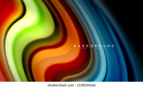 Fluid colors abstract background, twisted liquid design on black, colorful marble or plastic wave texture backdrop, multicolored template for business or technology presentation or web brochure cover