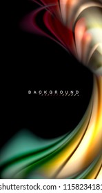 Fluid colors abstract background, twisted liquid design on black, colorful marble or plastic wave texture backdrop, multicolored template for business or technology presentation or web brochure cover