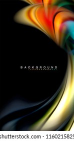 Fluid colors abstract background, twisted liquid design on black, colorful marble or plastic wave texture backdrop, multicolored template for business or technology presentation or web brochure cover