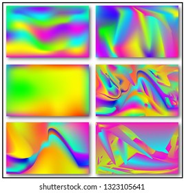 Fluid colors backgrounds set. Holographic effect. Applicable for gift card,cover,poster,brochure,magazine. Vector template.