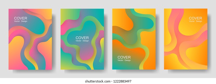 Fluid colors covers backgrounds set. Colorful bubble fluid shapes with gradients. Trendy minimal A4 design applicable for gift card, scientific cover, party poster. Eps10 hipster futuristic vector.