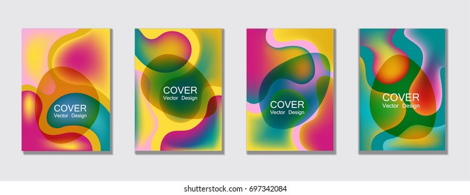 Fluid colors covers backgrounds set. Colorful bubble fluid shapes with gradients. Trendy minimal A4 design applicable for gift card, kids banner cover, party poster, childish vector.