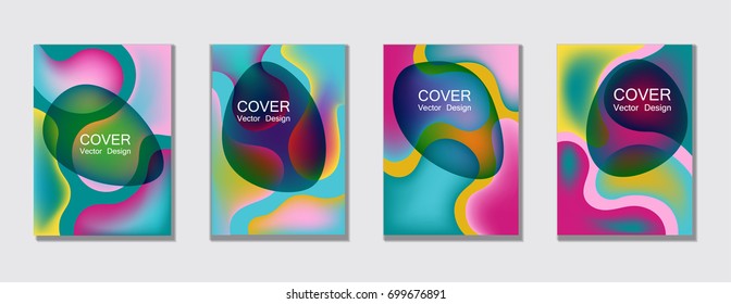 Fluid colors covers backgrounds set. Childish bubble fluid shapes with gradients. Trendy minimal A4 design applicable for gift card, kids banner cover, party poster, childish vector.