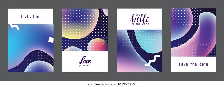 	
Fluid colors universal cards set. Fluid shapes with bright colors and textures. Designs for prints, wedding, anniversary, birthday, Valentine's day, party invitations, posters, cards, etc. Vector.