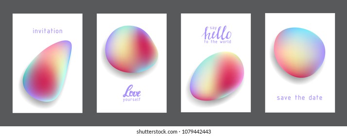 Fluid colors universal cards set. Fluid shapes with bright colors and textures. Designs for prints, wedding, anniversary, birthday, Valentine's day, party invitations, posters, cards, etc. Vector.