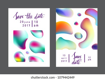 Fluid colors universal cards set. Fluid shapes with bright colors and textures. Designs for prints, wedding, anniversary, birthday, Valentine's day, party invitations, posters, cards, etc. Vector.