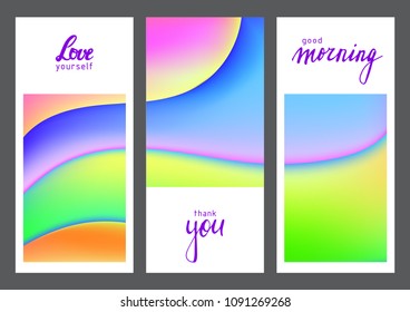 Fluid colors universal cards set. Fluid shapes with bright colors and textures. Designs for prints, wedding, anniversary, birthday, Valentine's day, party invitations, posters, cards, etc. Vector.