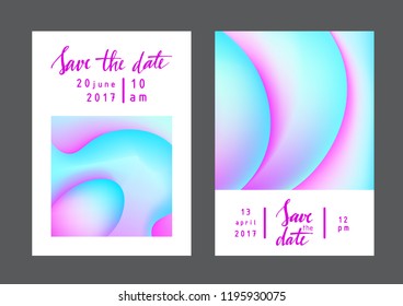 Fluid colors universal cards set. Fluid shapes with bright colors and textures. Designs for prints, wedding, anniversary, birthday, Valentine's day, party invitations, posters, cards, etc. Vector.