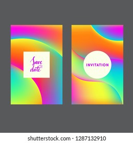 Fluid colors universal cards set. Fluid shapes with bright colors and textures. Designs for prints, wedding, anniversary, birthday, Valentine's day, party invitations, posters, cards, etc. Vector.