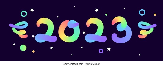 Fluid Curve Numbers 2023  In Rainbow Colours. Round Font In 3D Effect With Blended Gradient. Joyful And Colourful Text For New Year Celebration