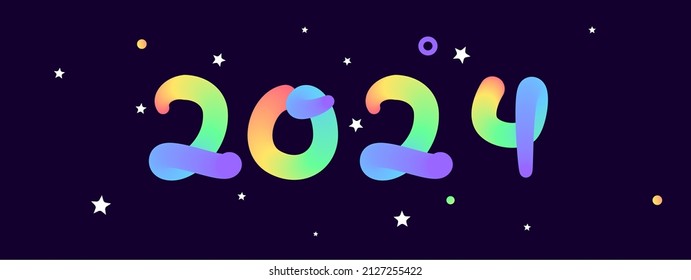 Fluid Curve Numbers 2024  In Rainbow Colours. Round Font In 3D Effect With Blended Gradient. Joyful And Colourful Text For New Year Celebration