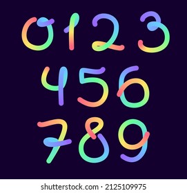 Fluid Curve Numbers In Rainbow Colours. Round Font In 3D Effect With Blended Gradient. Joyful And Colourful Text