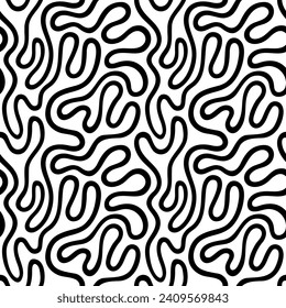 Fluid, curved, continuous, twisted line, wriggling stripe seamless repeat vector pattern. Liquid, funky chaotic ornament, black white background. Doodle, uneven hand drawn endless wavy, winding line