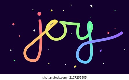 Fluid Curved Text Joy In Rainbow Colours. Round Font In 3D Effect With Blended Gradient. Joyful And Colourful Typograpy