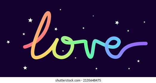 Fluid Curved Text Love In Rainbow Colours. Round Font In 3D Effect With Blended Gradient. Joyful And Colourful Typograpy