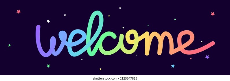 Fluid Curved Text Welcome In Rainbow Colours. Round Font In 3D Effect With Blended Gradient. Joyful And Colourful Typograpy