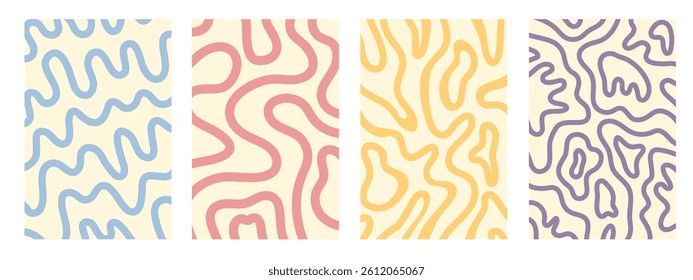 Fluid, curved, wiggling stripes, waves vector backgrounds set. Retro trippy hippie wavy pattern Liquid, funky chaotic posters collection. Doodle hand drawn waves