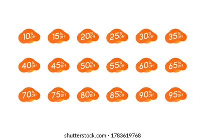 Fluid Discount Tags Set, 10 to 95 Percent. Vector illustration.