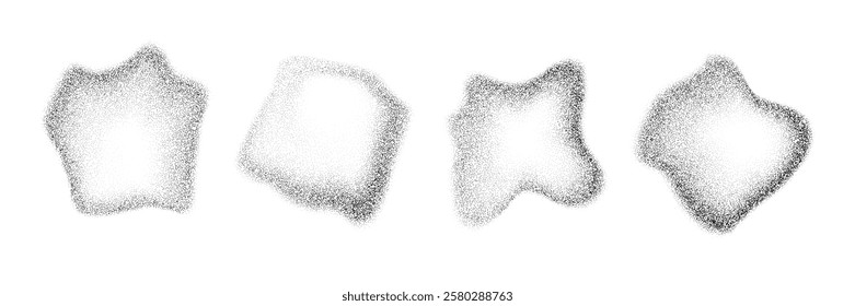 Fluid dotted gradient drop shapes. Black stippled liquid object set. Grainy spray spots and stains. Noise splashes and splatters forms. Dissolve sand dust texture. Vector fading halftone elements