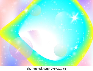 Fluid dynamic background with vibrant rainbow gradients. Dynamic hologram. Holographic cosmos. Design layout for placard, banner and annual report. Retro fluid dynamic.
