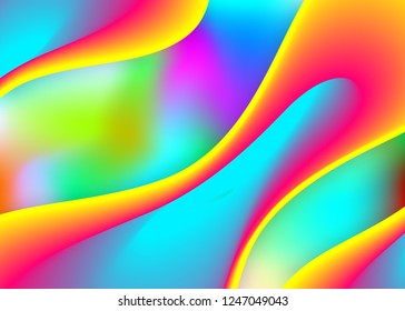 Fluid dynamic. Business cover, banner template. Holographic 3d backdrop with modern trendy blend. Vivid gradient mesh. Fluid dynamic background with liquid shapes and elements.