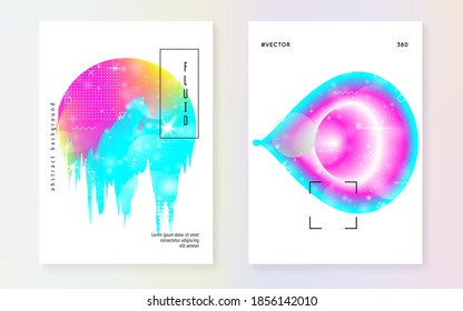 Dinámica fluida. Gradiente holográfico moderno, desenfoque, malla, mezcla. Holograma creativo en capas. Afiche blando. Diseño retro. Fondo futurista. Dinámica fluida con formas y elementos.