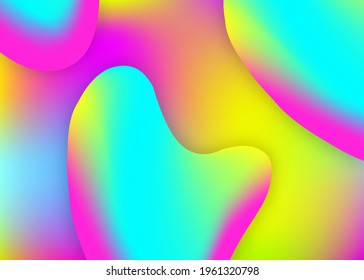 Fluid dynamic. Rainbow banner, flyer layout. Holographic 3d backdrop with modern trendy blend. Vivid gradient mesh. Fluid dynamic background with liquid shapes and elements.
