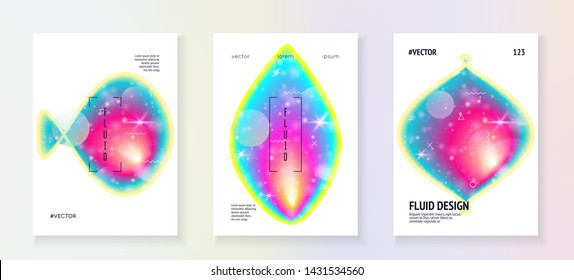 Fluid dynamic. Vivid frame. Abstract layered hologram. Soft book. Modern holographic gradient, blur, mesh, blend. Futuristic background. Fluid dynamic with shapes and elements.